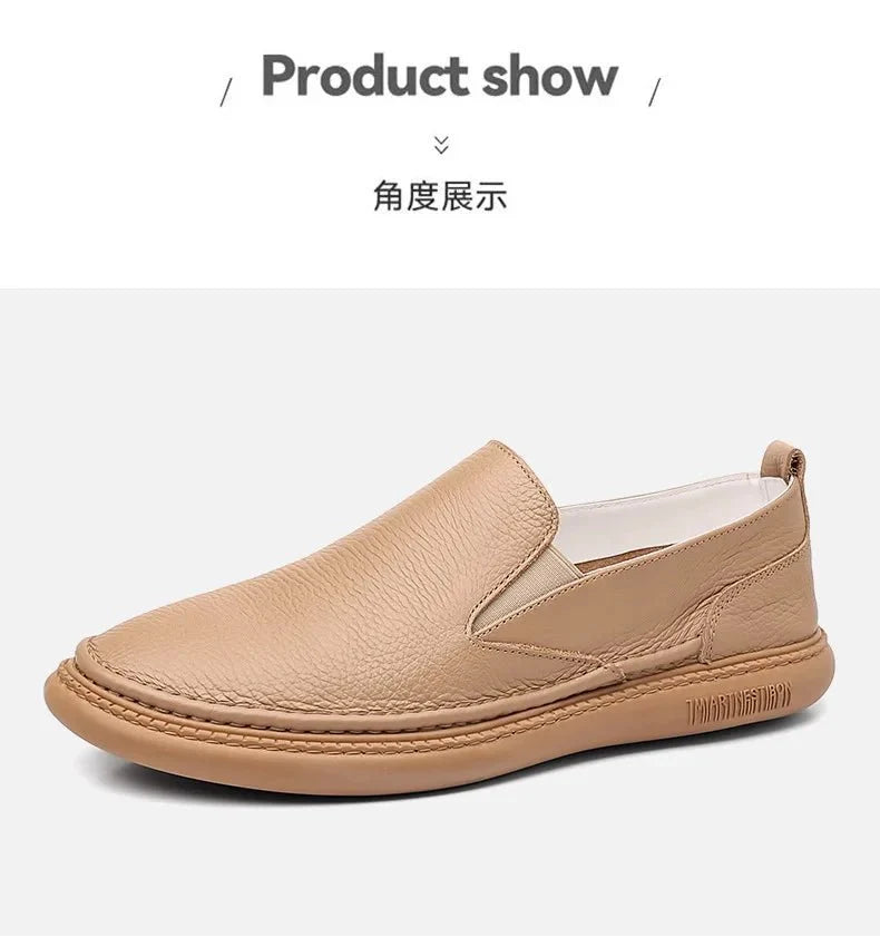 Men's genuine leather casual loafers by TrendLux Wear, featuring slip-on design, breathable solid color, and flat sole.