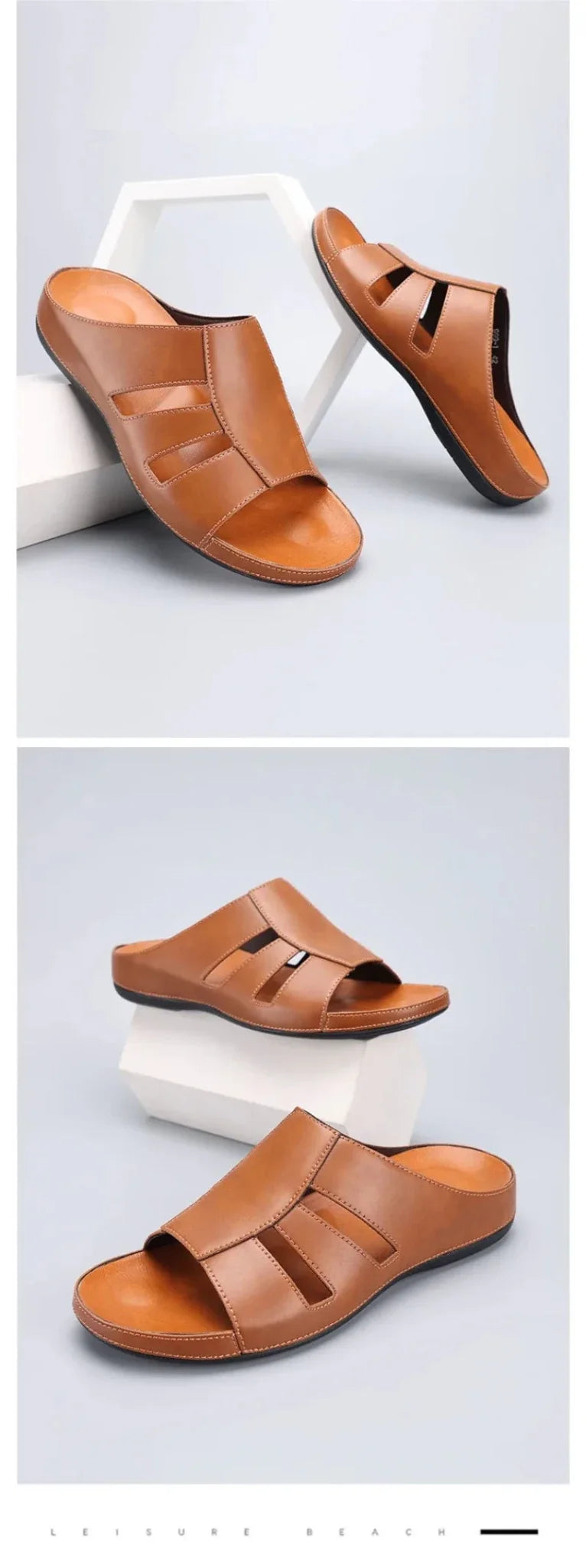Men's luxury handmade leather peep-toe slippers by TrendLux Wear, casual beach slides in EU sizes 40-46, with soft leather detailing.
