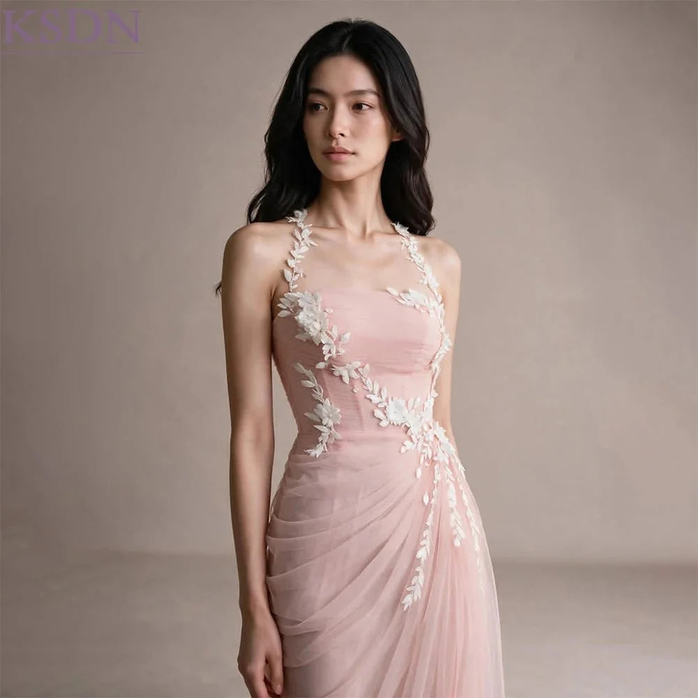 Fairy Pink Mermaid Evening Gown | Halter Lace Appliqué Formal Dress - TrendLux Wear