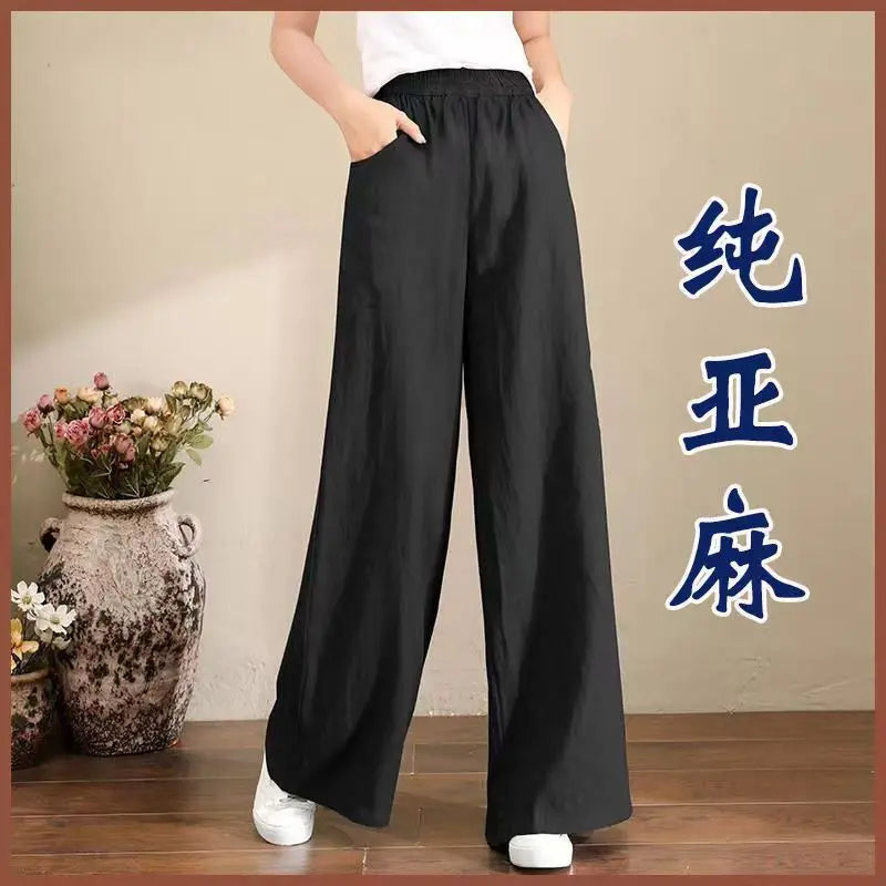TrendLux Women's Linen Cotton Casual Trousers – Elastic Waist Wide Leg Pants