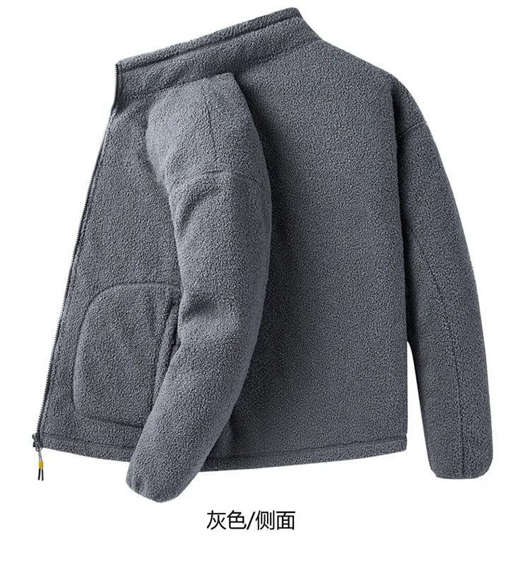 Men's loose fleece streetwear jacket with stand collar in plus sizes, by TrendLux Wear, shown in dark gray fabric.