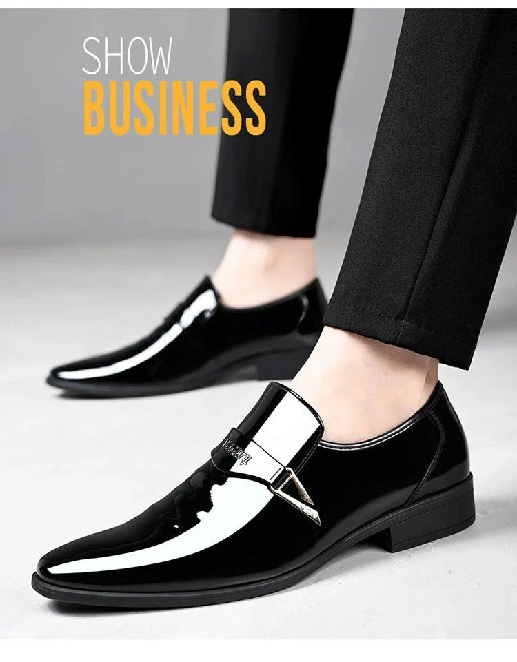 Men's black patent leather pointed toe loafers by TrendLux Wear, slip-on business casual Oxford dress shoes with sleek, shiny finish.