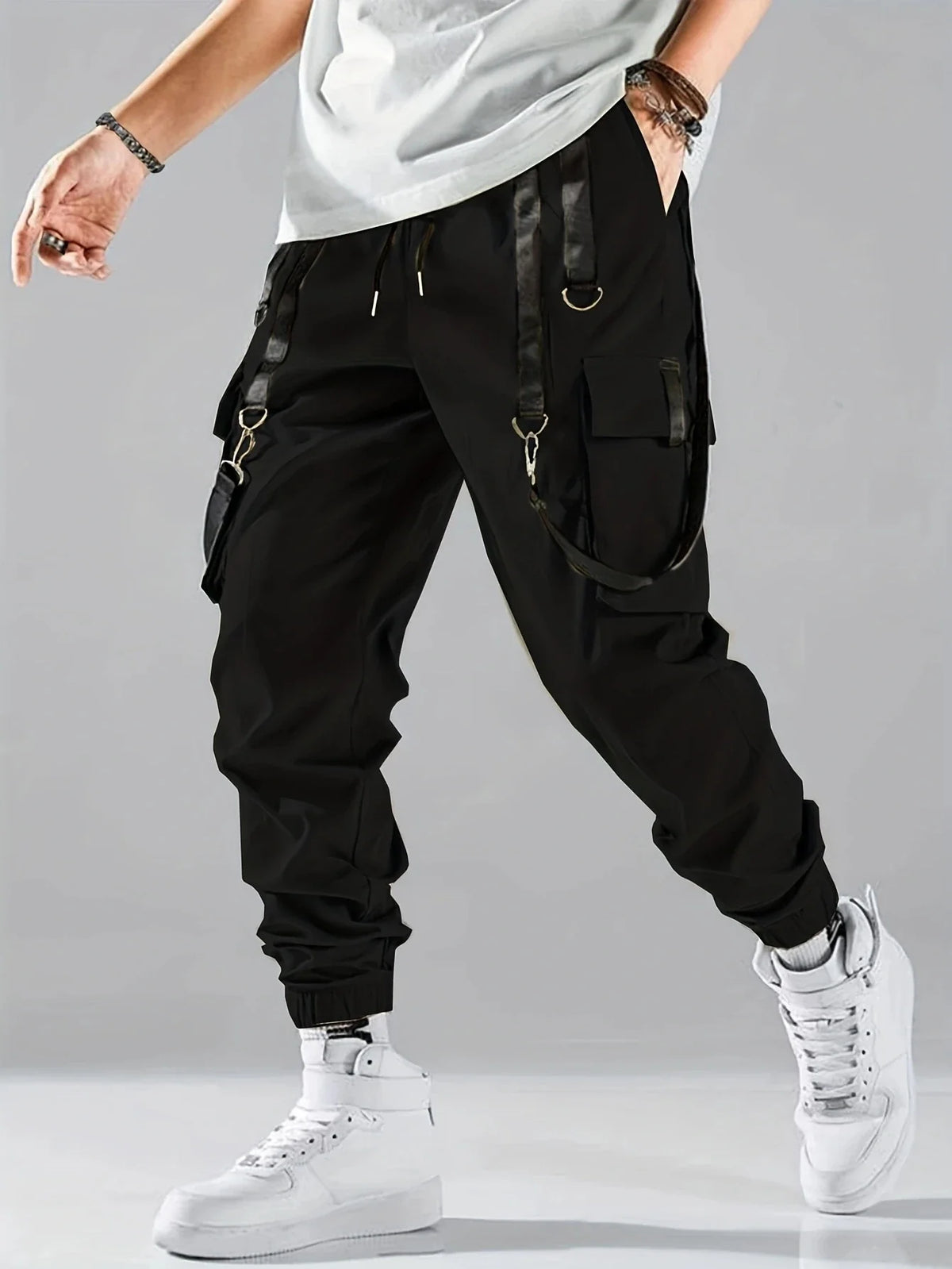 Men's Techwear cargo joggers by TrendLux Wear with drawstring waist and multiple pockets in various colors, hip hop style pants.
