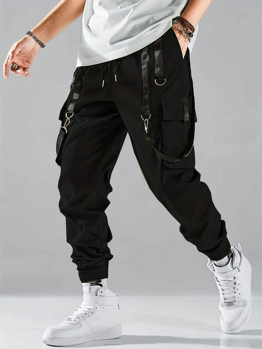 Men's Techwear cargo joggers by TrendLux Wear with drawstring waist and multiple pockets in various colors, hip hop style pants.