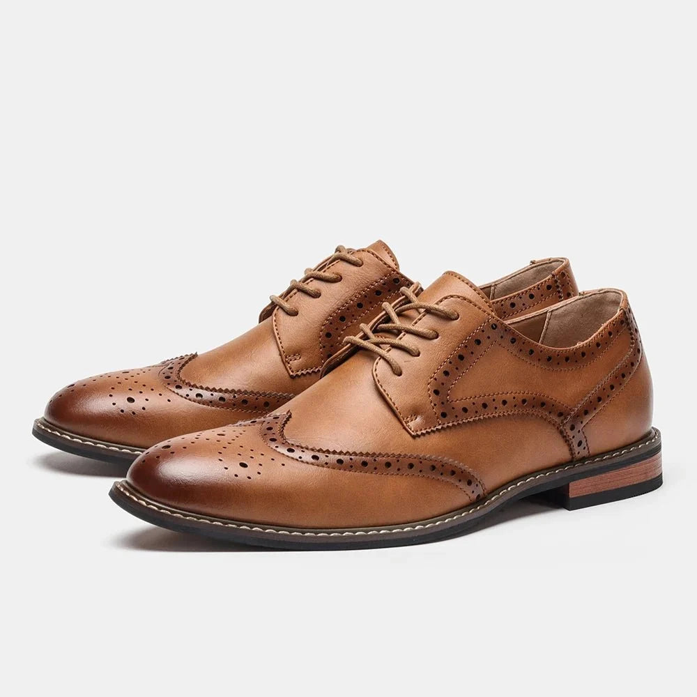Men's black and brown leather lace-up brogue dress shoes by TrendLux Wear, formal business Oxfords with detailed perforations.