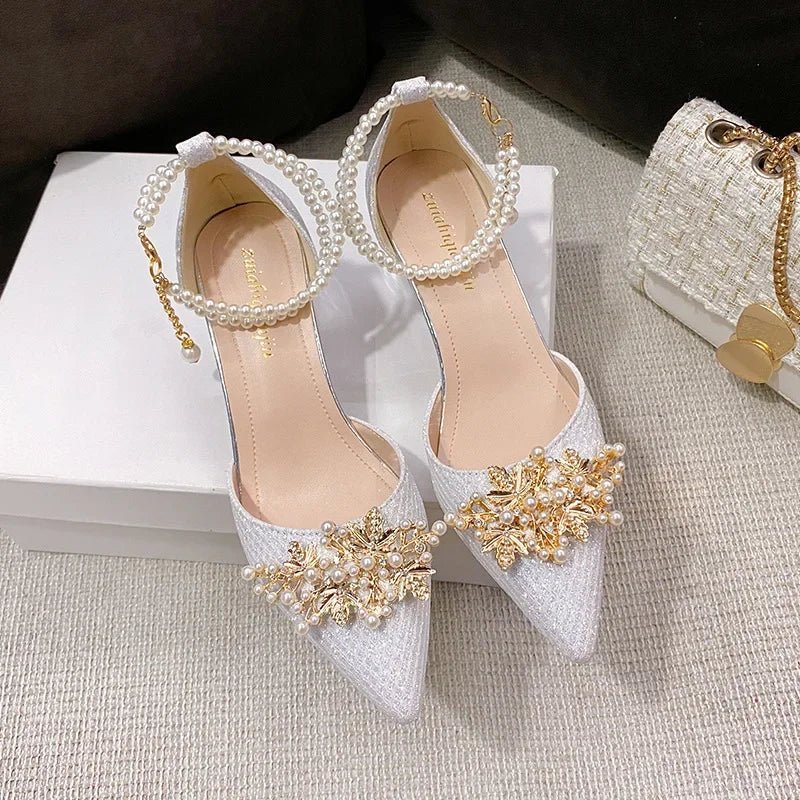 Women's pointed toe metal beaded high heel pumps by TrendLux Wear, perfect for weddings and banquets.