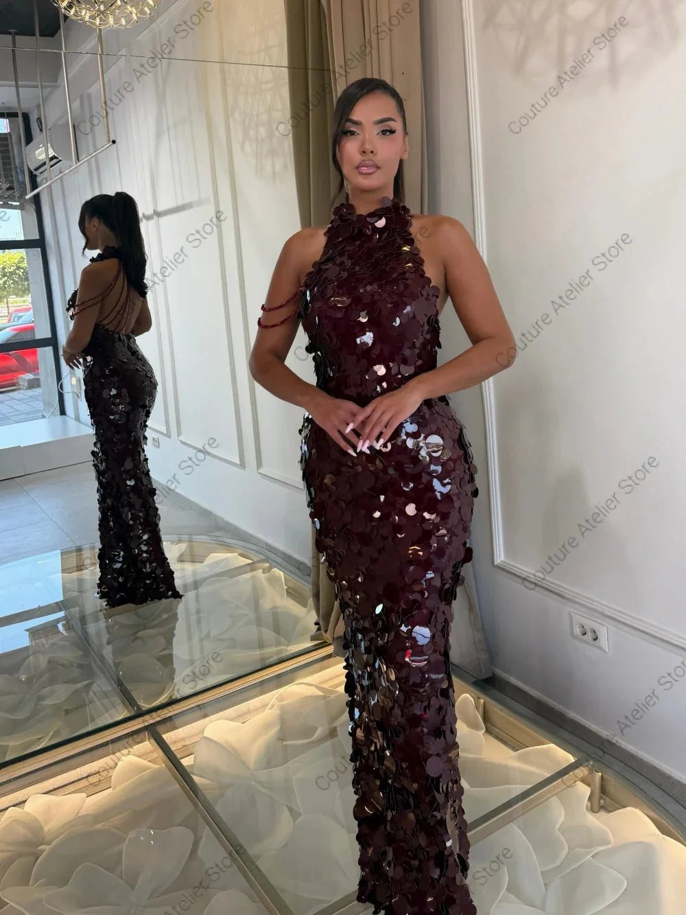 Custom Sequin Halter Mermaid Evening Dress - TrendLux Wear