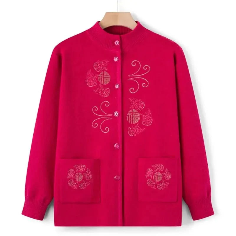 Women's vintage printed knit cardigan coat by TrendLux Wear, featuring a cozy knitwear design with colorful pattern details.