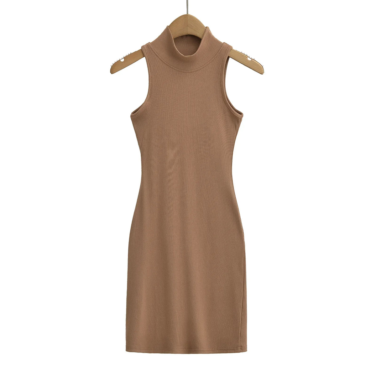 Women's knit turtleneck bodycon ankle-length maxi dress by The Glow Sanctuary, shown in a close-up of the fitted knit fabric and turtleneck.