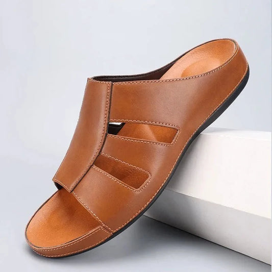 Men's luxury handmade leather peep-toe slippers by TrendLux Wear, casual beach slides in EU sizes 40 to 46.