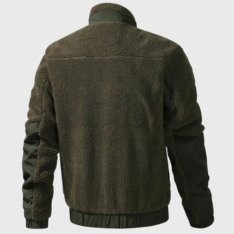 Men's vintage patchwork fleece zip-up jacket by TrendLux Wear with stand collar, streetwear style coat, cozy and stylish outerwear.