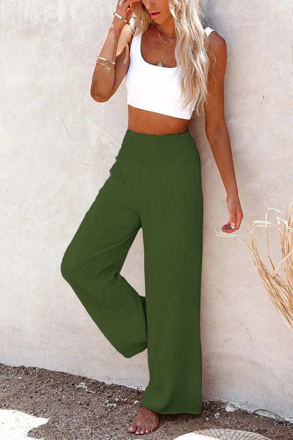 TrendLux Women's Linen Cotton Casual Trousers – Elastic Waist Wide Leg Pants
