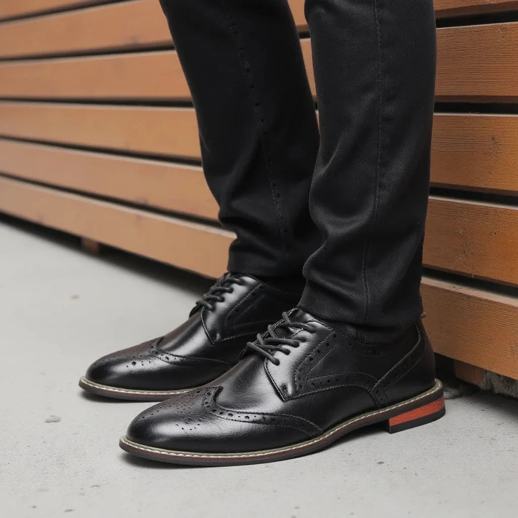 Men's black and brown leather lace-up brogue dress shoes by TrendLux Wear, featuring classic oxford style for formal business attire.