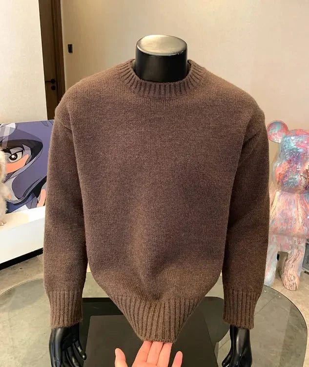 Men's cashmere-blend round neck pullover sweater by TrendLux Wear, shown in five autumn winter color options.