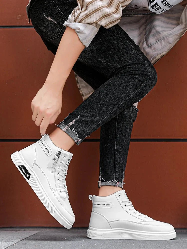 Men's high-top sneakers by TrendLux Wear with breathable lace-up design and side zip in black and white.