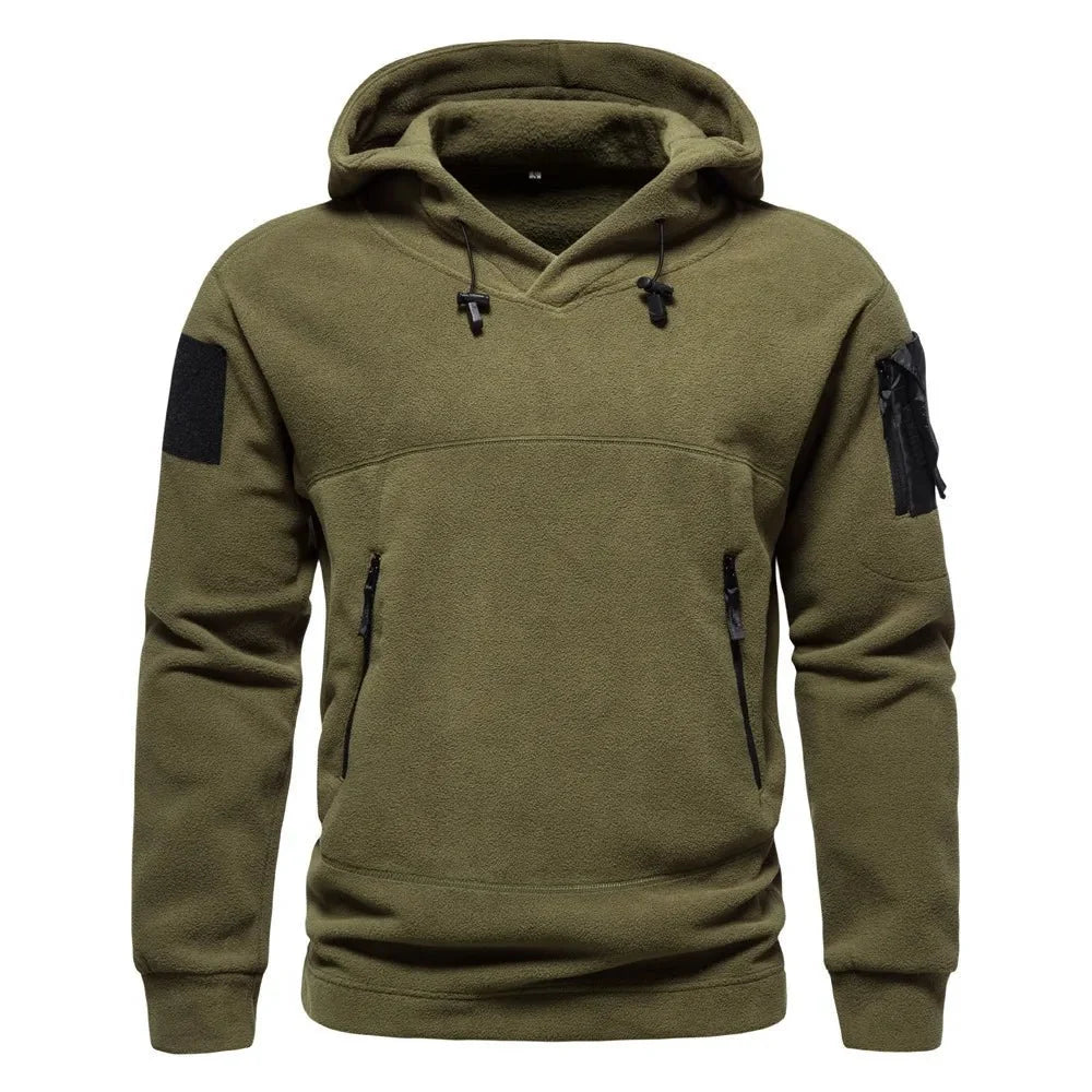 Men's tactical outdoor hoodie by TrendLux Wear, thick fleece sportswear with multifunctional design for autumn and winter.
