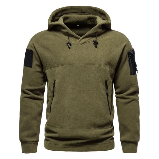 Men's tactical outdoor hoodie by TrendLux Wear, thick fleece sportswear with multifunctional design for autumn and winter.