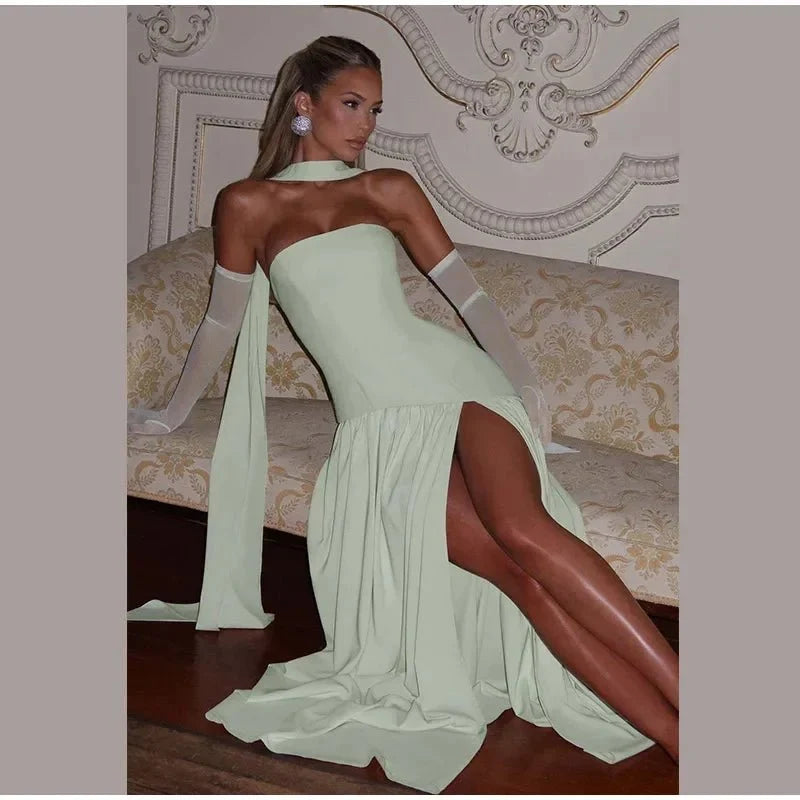 Women's Strapless Backless Maxi Dress with Ribbon Scarf - TrendLux Wear
