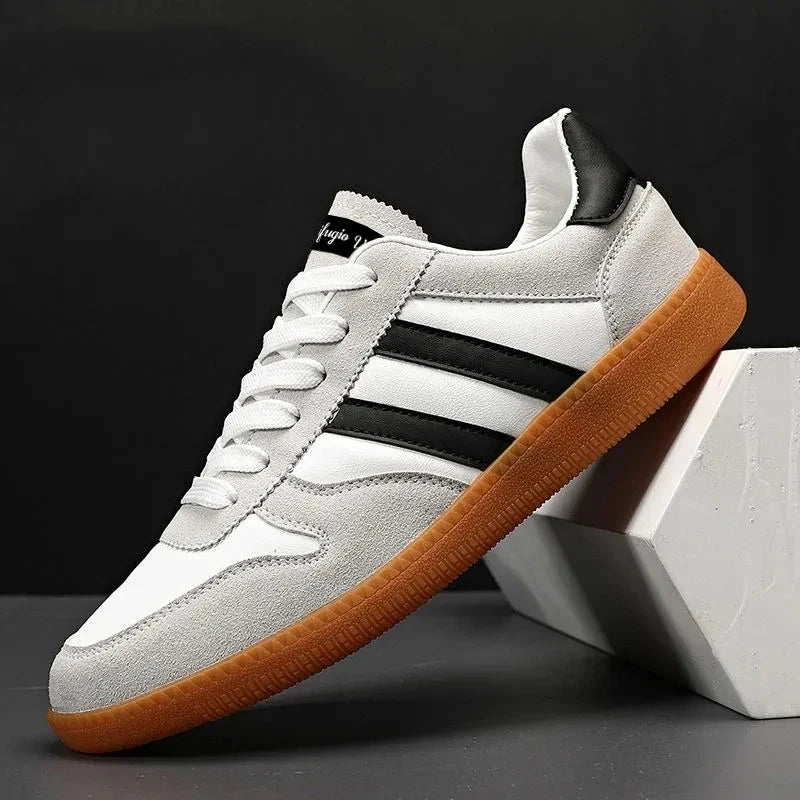 Men's Thick-Sole Board Sneakers by TrendLux Wear featuring striped casual design and comfortable fashion footwear.