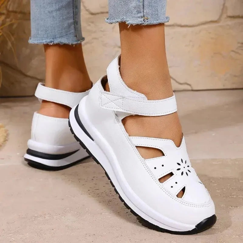 Women's TrendLux Wear PU buckle strap closed-toe wedge sandals with a stylish office-ready design.