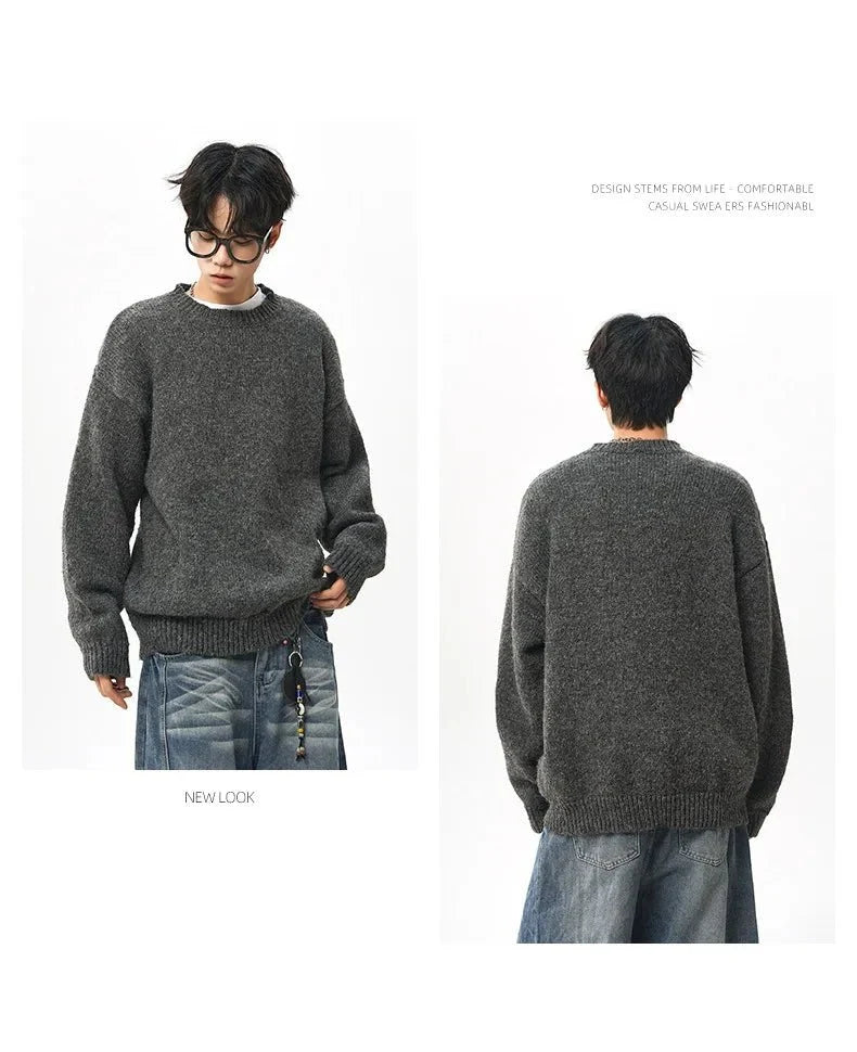 Men's oversized round neck pullover sweater by TrendLux Wear in warm polyester knit, available in three colors.