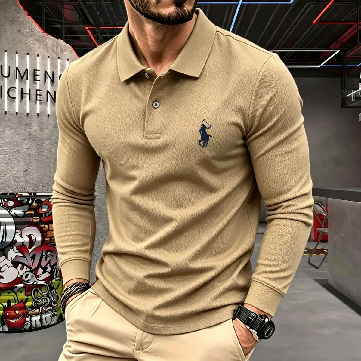 Men's Cotton Long-Sleeve Polo Shirt