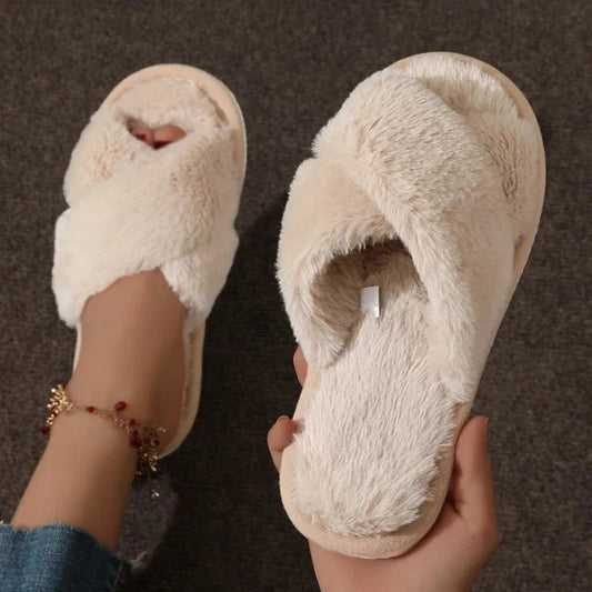 Women's fluffy fur slides by TrendLux Wear, cozy open toe slippers with non-slip soles for autumn and winter comfort.