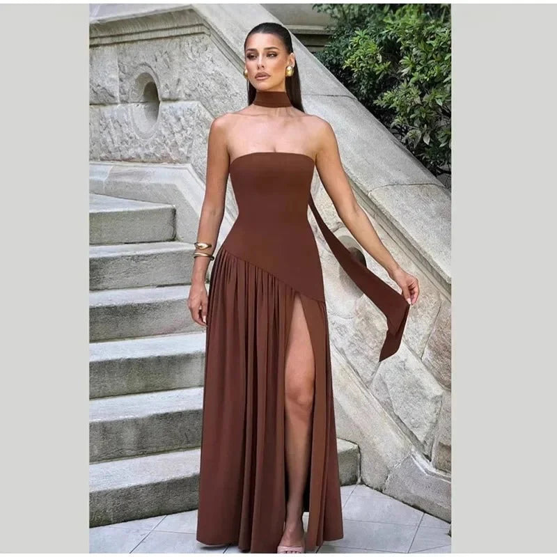 Women's Strapless Backless Maxi Dress with Ribbon Scarf - TrendLux Wear