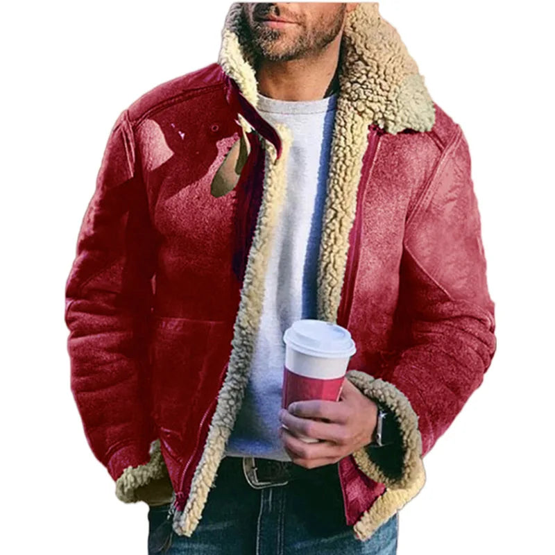 Men's Faux Leather Suede Fur-Lined Winter Jacket – Turn Down Collar Coat