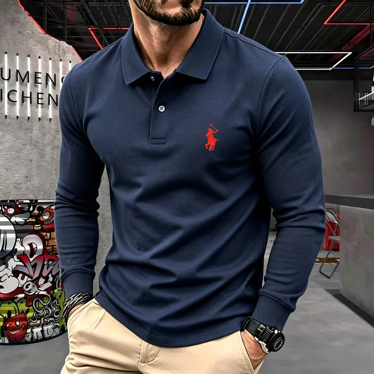 Men's Cotton Long-Sleeve Polo Shirt