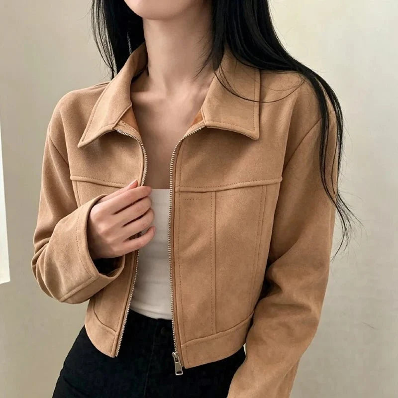 Women's retro lapel zip jacket by TrendLux Wear, slim fit patchwork short coat for spring and fall office outerwear.