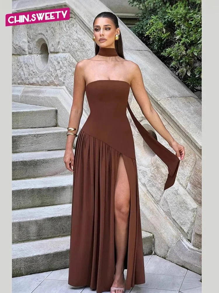 Women's Strapless Backless Maxi Dress with Ribbon Scarf - TrendLux Wear