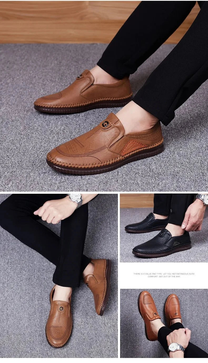 Men's genuine leather slip-on loafers by TrendLux Wear with breathable soft sole and moccasin-style casual shoes.