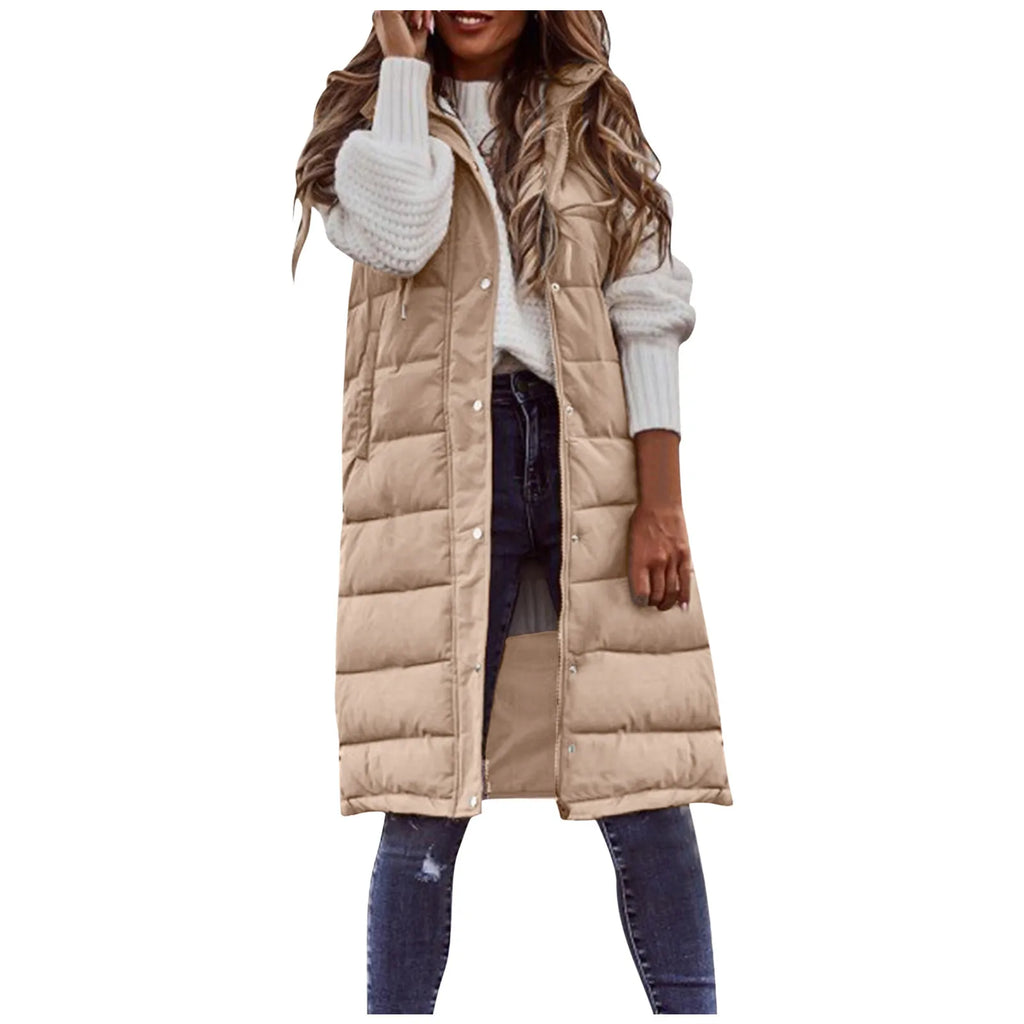 Women’s Long Hooded Puffer Vest – Quilted Cotton-Filled Sleeveless Winter Coat with Pockets