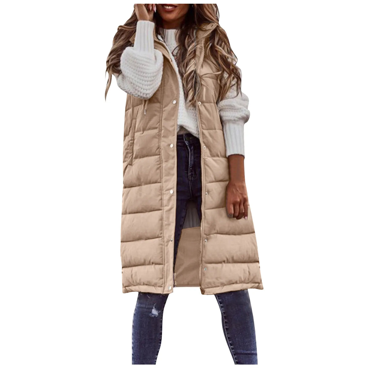 Women’s Long Hooded Puffer Vest – Quilted Cotton-Filled Sleeveless Winter Coat with Pockets