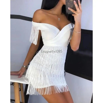 TrenLux Wear Women's Elastane One-Shoulder Fringed Slim-Fit Club Mini Dress The Glow Sanctuary