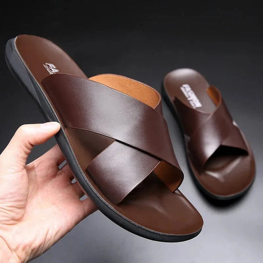 Men's genuine leather beach sandals by TrendLux Wear, casual non-slip flats in EU sizes 38 to 50, shown on a neutral background.