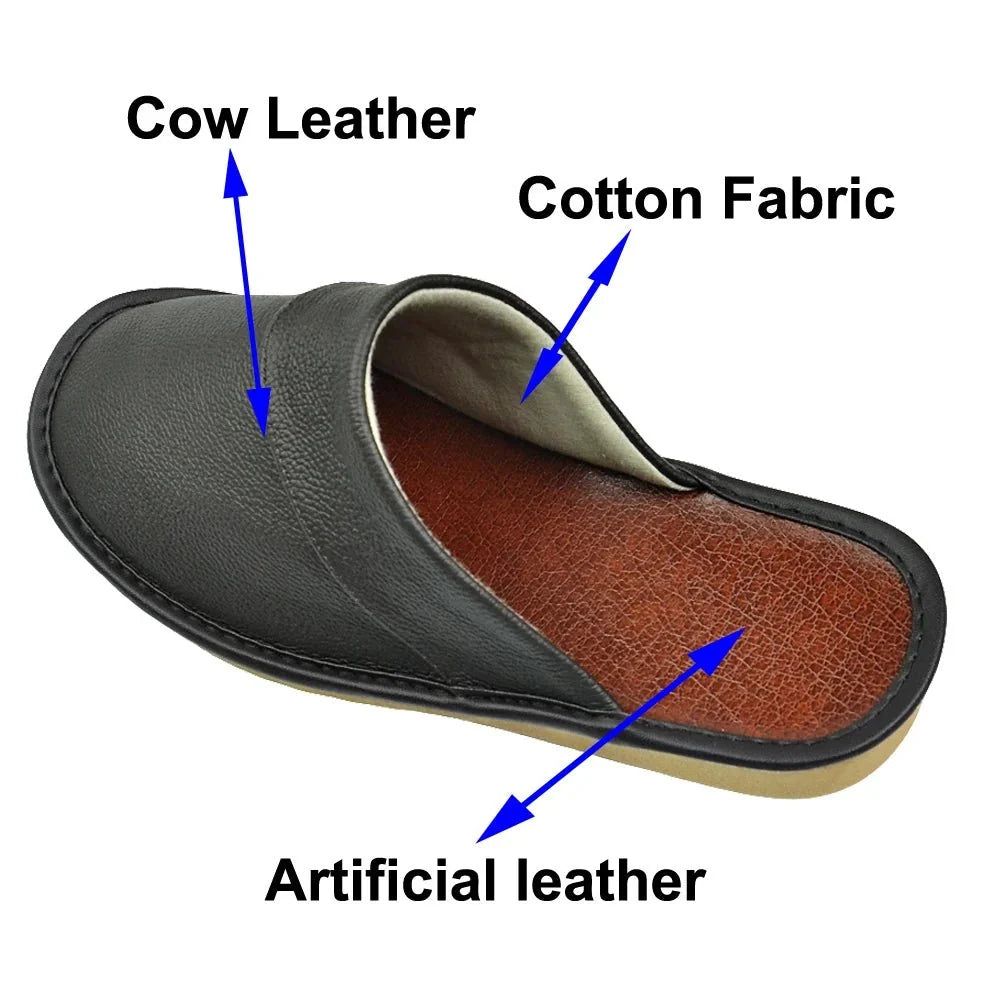Men's and women's genuine leather indoor slippers by TrendLux Wear, soft flat house shoes in EU sizes 35 to 44.