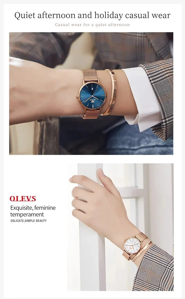 TrendLux Wear OLEVS women's rose gold stainless steel bracelet watch with quartz movement, stylish and elegant accessory.