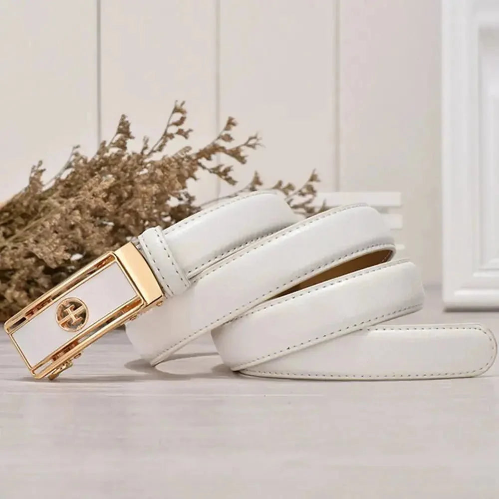 Women's genuine leather belt by TrendLux Wear, featuring a sleek design with a polished buckle for stylish everyday wear.