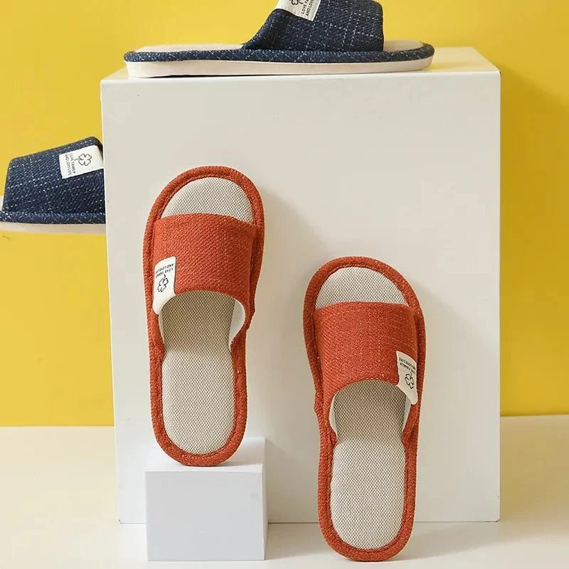 Men's and women's linen open-toe slippers by TrendLux Wear, breathable bedroom slides for spring, summer, and autumn.