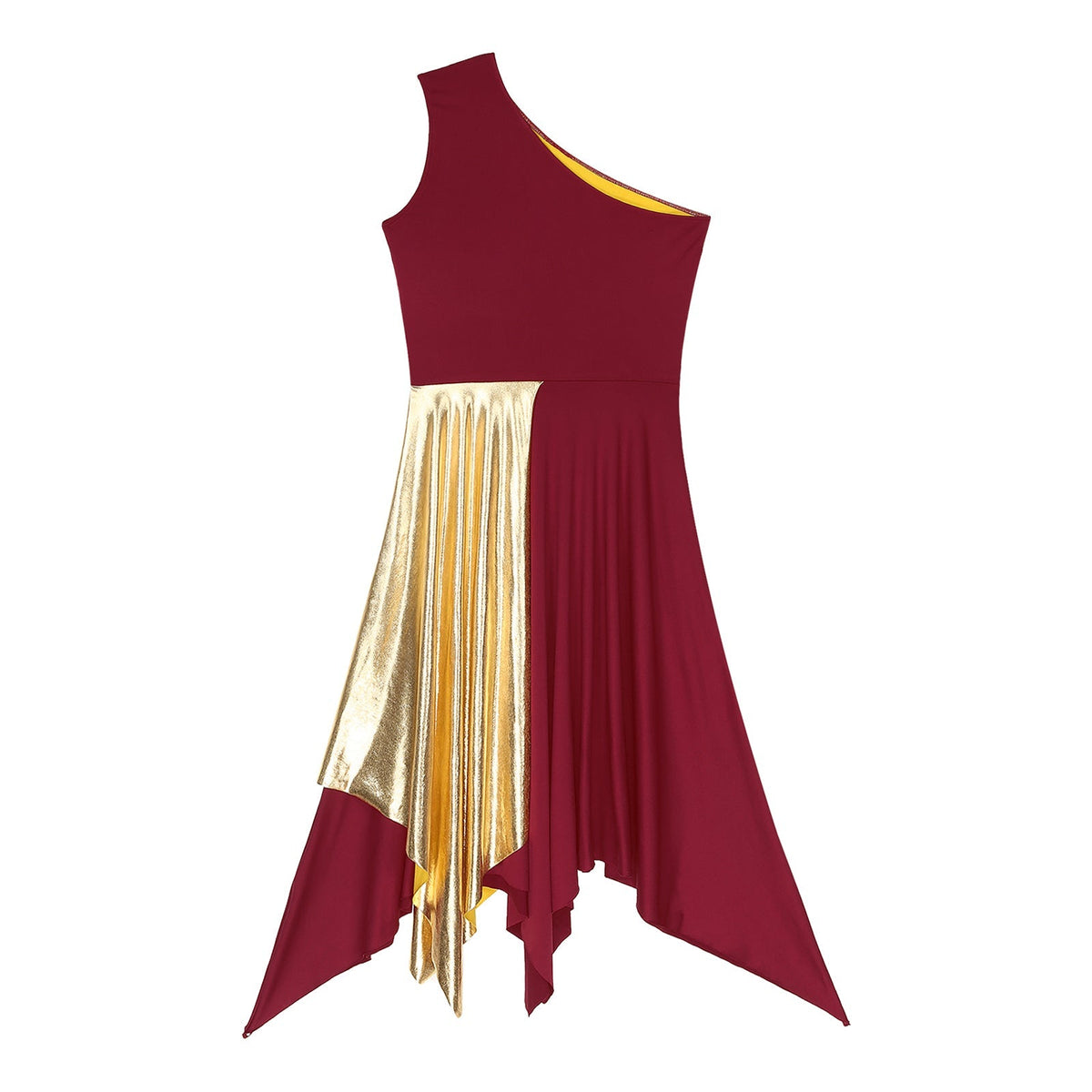 Shimmering one-shoulder metallic dancewear dress by The Glow Sanctuary, designed for stage and worship performances.