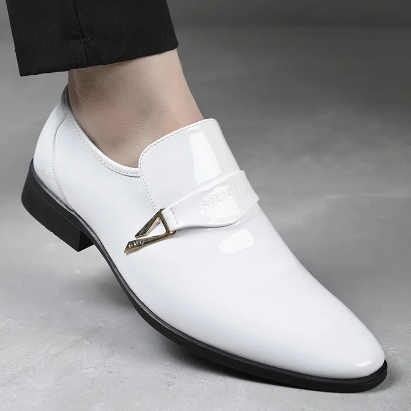 Men's patent leather pointed toe loafers by TrendLux Wear, slip-on dress shoes for business casual or formal occasions.