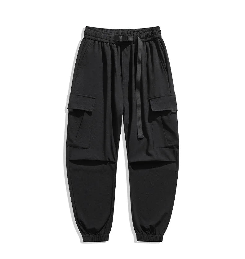 Men's wide leg casual trousers by TrendLux Wear, high street loose fit multi-pocket pants in six colors, shown in a relaxed style.