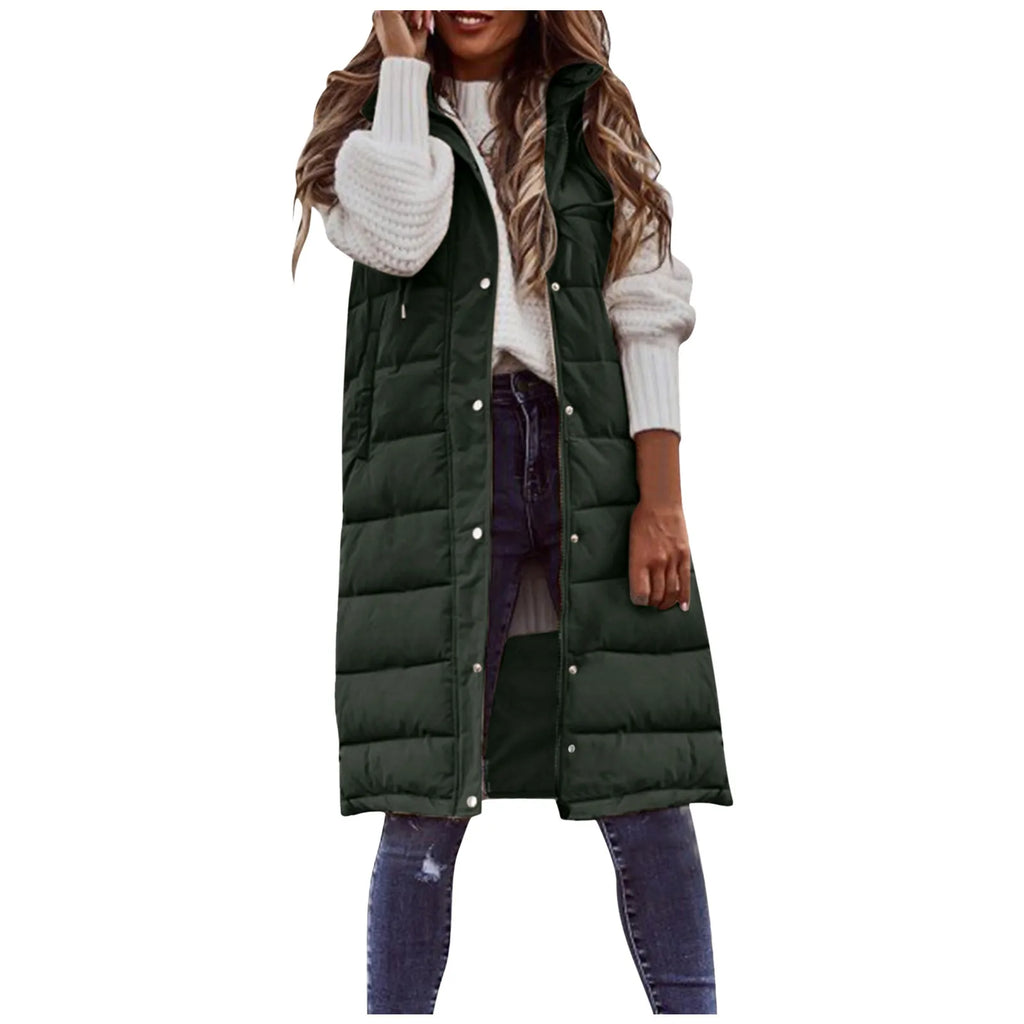 Women’s Long Hooded Puffer Vest – Quilted Cotton-Filled Sleeveless Winter Coat with Pockets