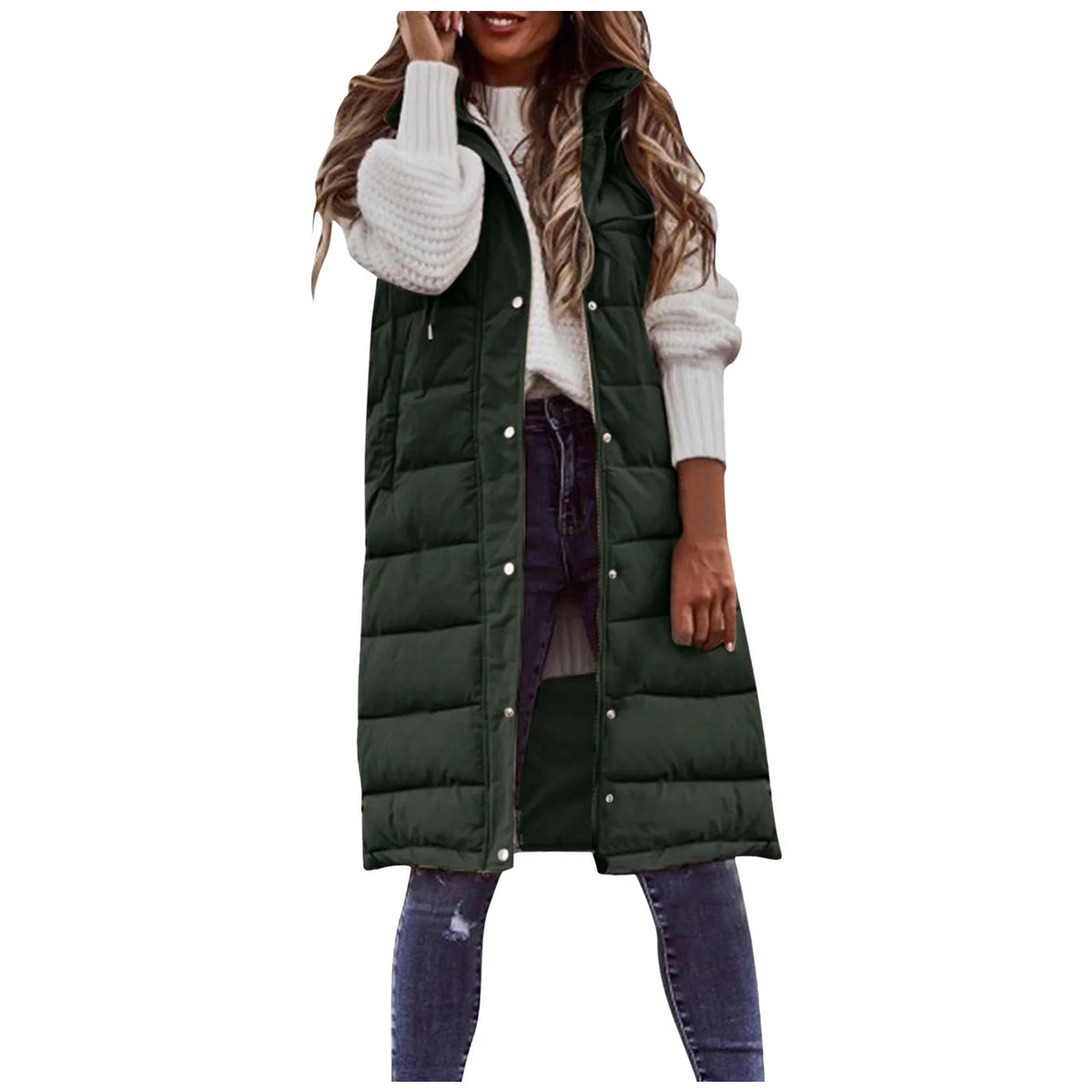 Women’s Long Hooded Puffer Vest – Quilted Cotton-Filled Sleeveless Winter Coat with Pockets