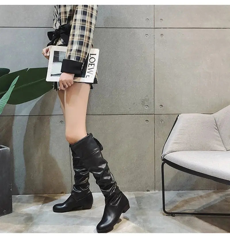 TrenLux Wear Women's Pleated Lace-Up Knee-High Boots — Low Heel, Black, White & Red, Sizes 35–43 TrenLux Wear