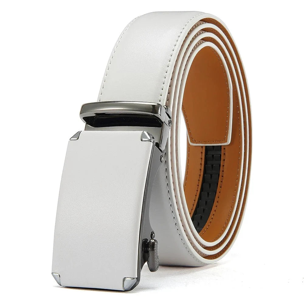 Men's leather ratchet belt with automatic buckle and adjustable waistband, size 105–135cm, by TrendLux Wear.