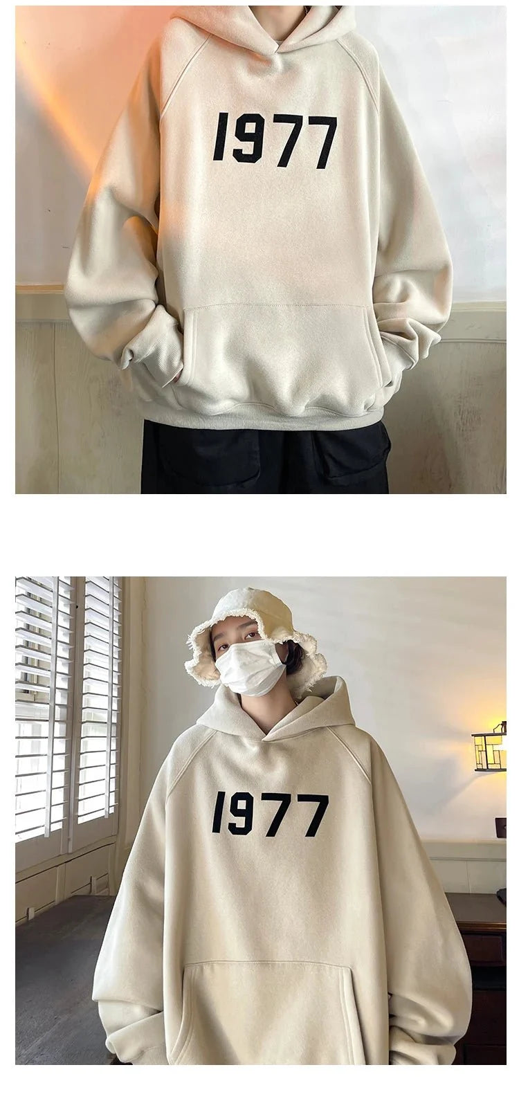 Men's TrendLux Wear 1977 printed Harajuku hoodie, loose fit long sleeve sweatshirt with retro design, available in multiple sizes.