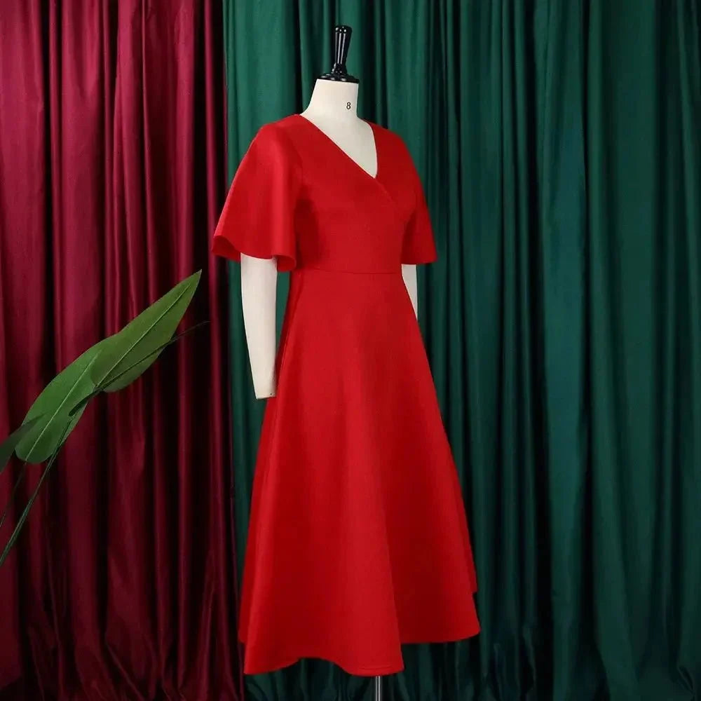 Women's high waist flare sleeve pleated A-line midi dress by The Glow Sanctuary, featuring polyester fabric and elegant design.